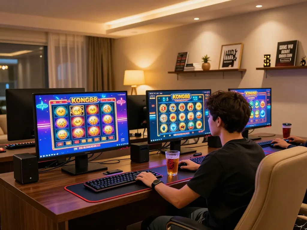 KONG88 player engaged in thrilling online slots at a stylish home office setup