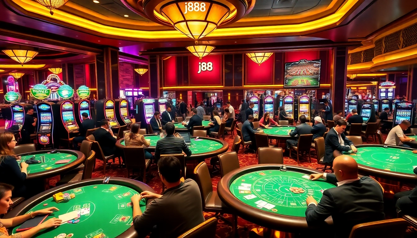 Exciting casino gaming experience featuring j88 themed tables with poker chips and cards.
