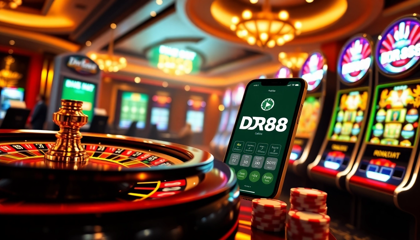 Experience thrilling gaming action with Tải DR88 on elegant casino tables and vibrant slot machines.