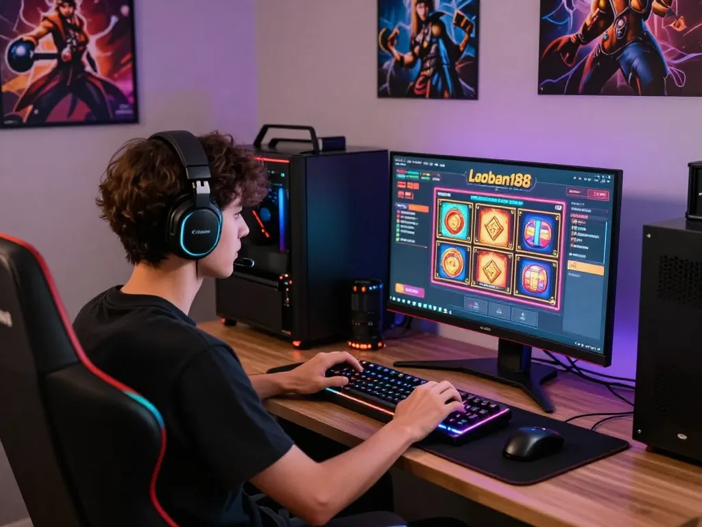 Pemain yang bersemangat menikmati laoban188 slot online dalam pengaturan permainan yang kaya warna, menampilkan teknologi modern dan aksesori permainan.