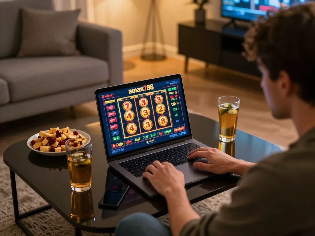 Terlibat dalam permainan aman788 slot online di rumah dengan laptop, camilan, dan pencahayaan hangat.