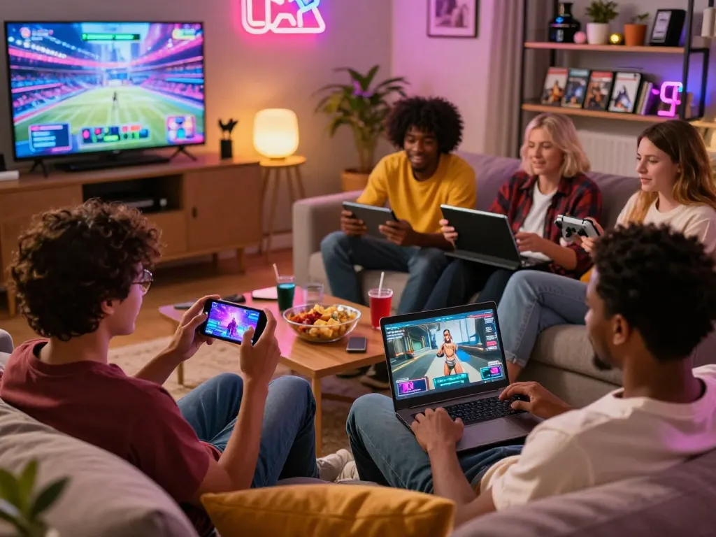 Engaging scene of players enjoying mobile porn games in a cozy living room atmosphere.