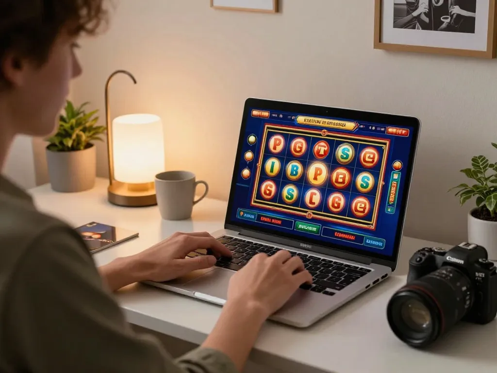 Playing online casino games at home on ok8386 with vibrant slot reel action and a cozy setup