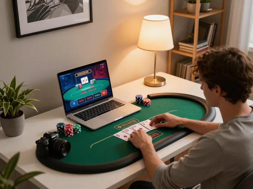 Player engaging in online poker at dacsandatphanrang.com with a cozy home setup