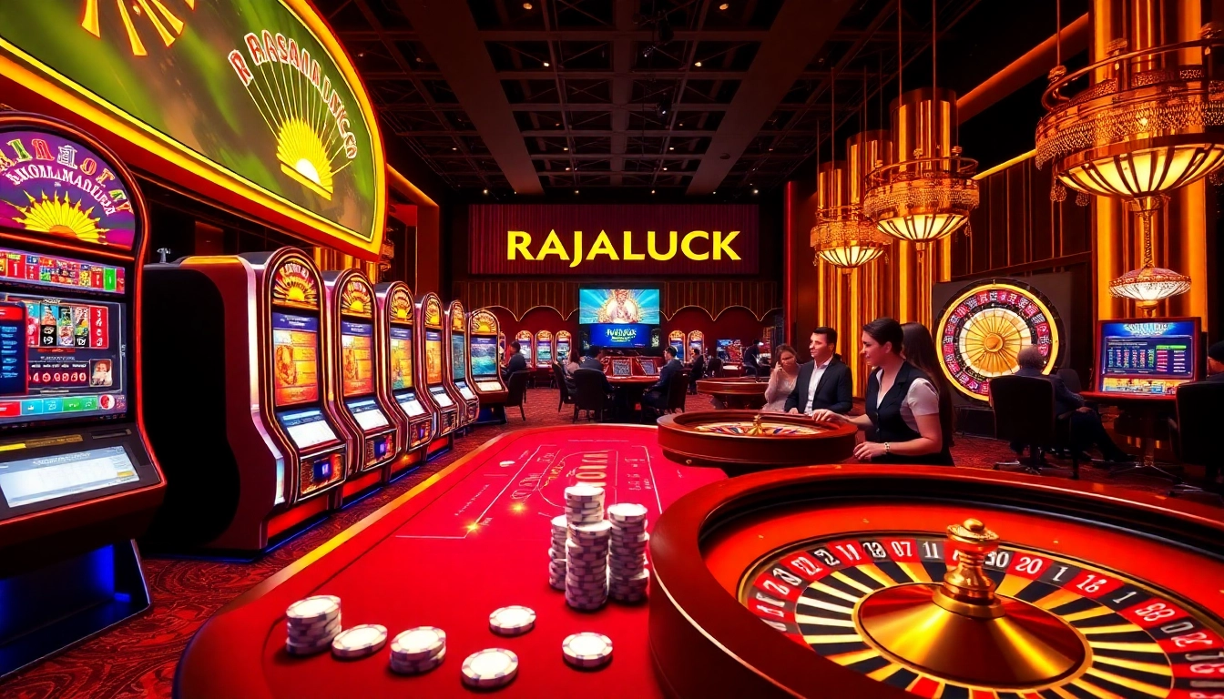 RAJALUCK online casino showcasing luxurious slot machines and poker tables in an engaging atmosphere.