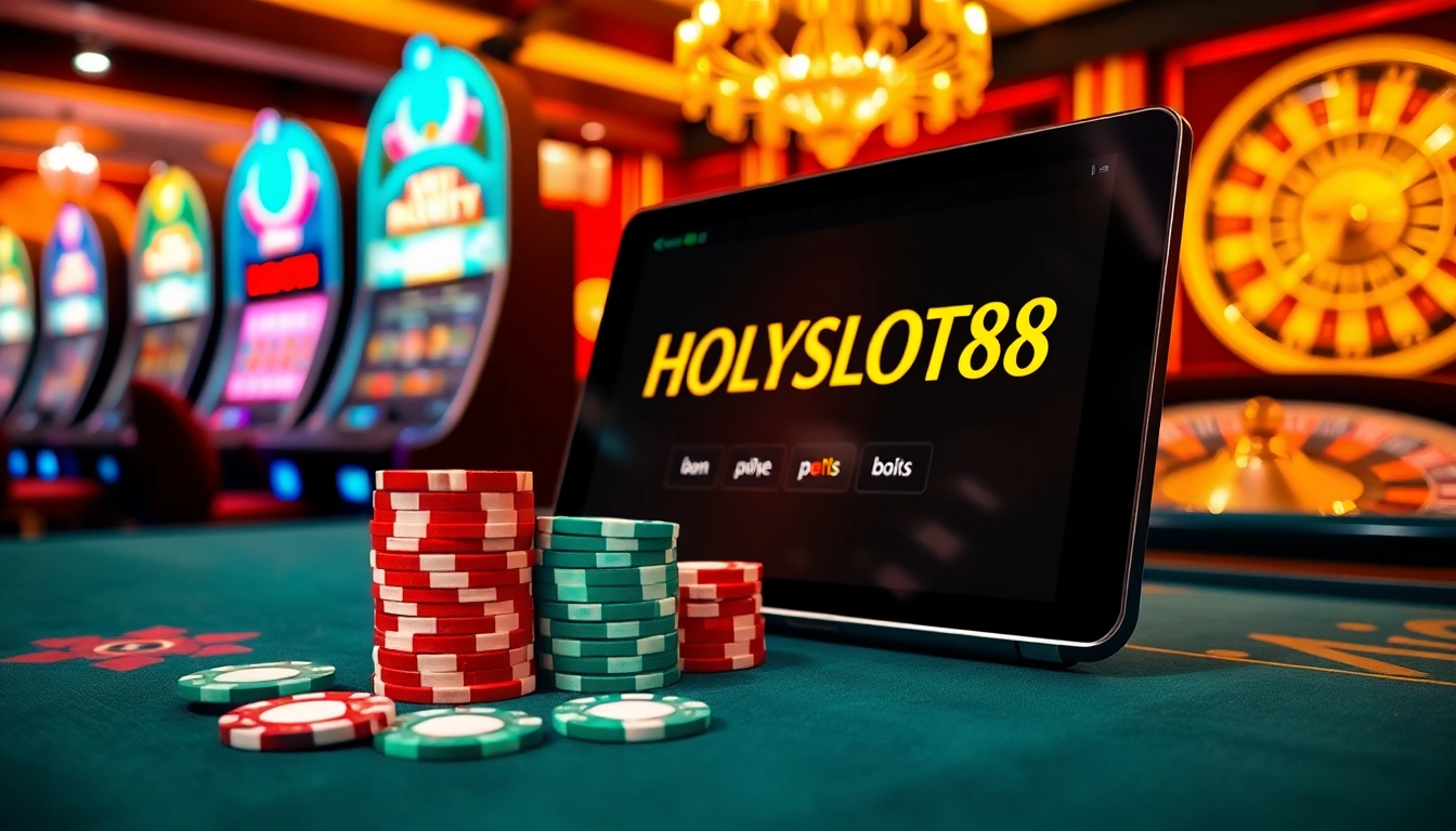 Experience thrilling gameplay at HOLYSLOTS88 with vibrant slot machines and poker chips.