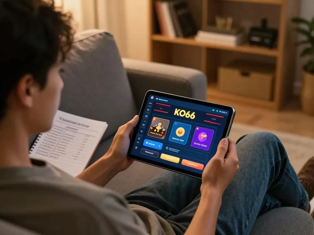Hướng dẫn lấy lại mật khẩu KO66 with user engaging in online casino gaming on tablet, cozy home setup.