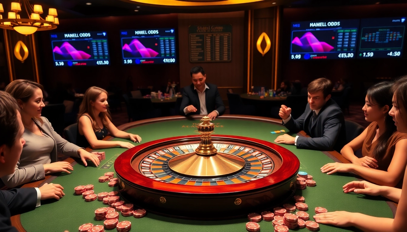 Experience high-stakes excitement at m88 with players engaged at a luxurious casino table.