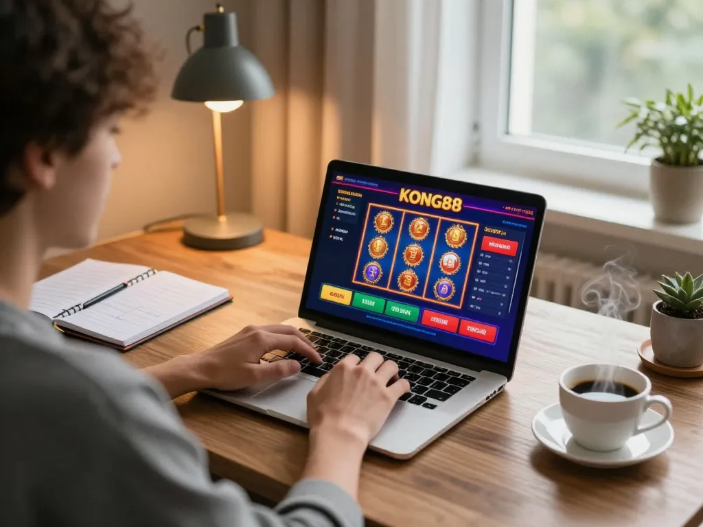 KONG88 player betting online with engaging slots interface and strategy notes