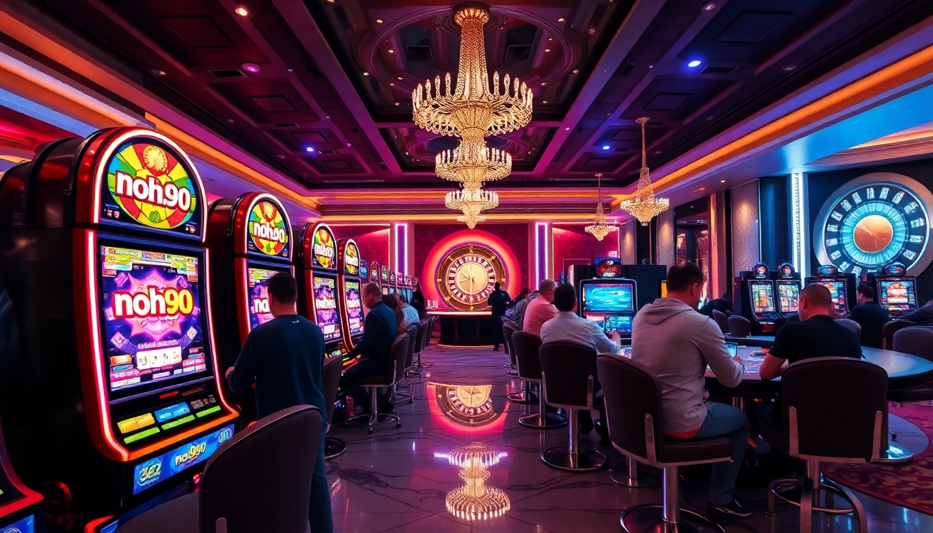 Players experiencing the thrill of nohu90 nohu52 slot machines in a luxurious casino setting.