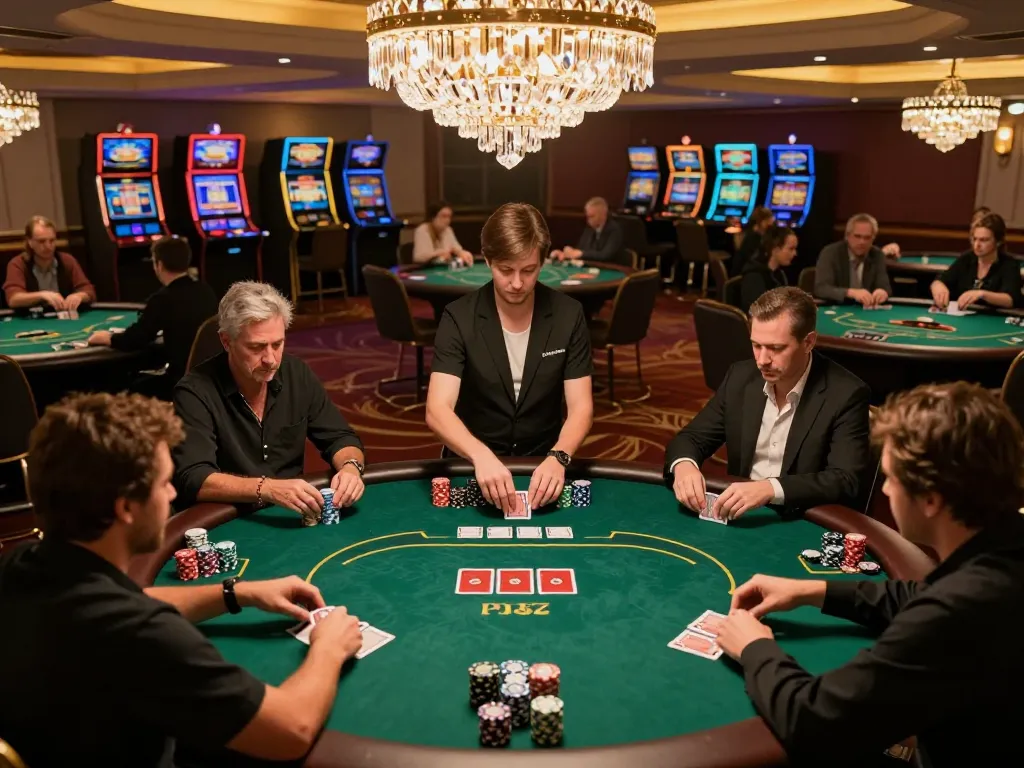 Exciting poker gameplay at F168 casino with players strategizing and chips stacked on the table.