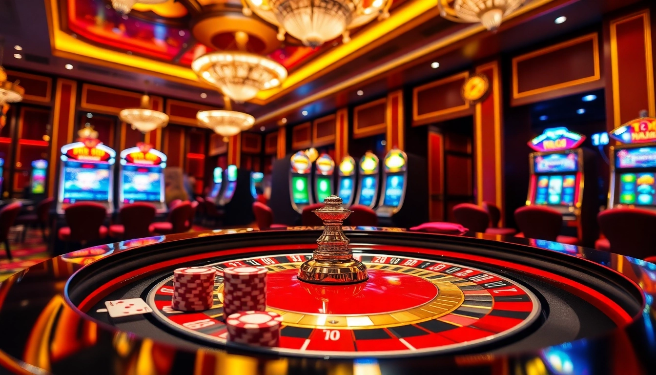 Exciting RR88 roulette table showcased with colorful chips and lively players at a luxury casino.