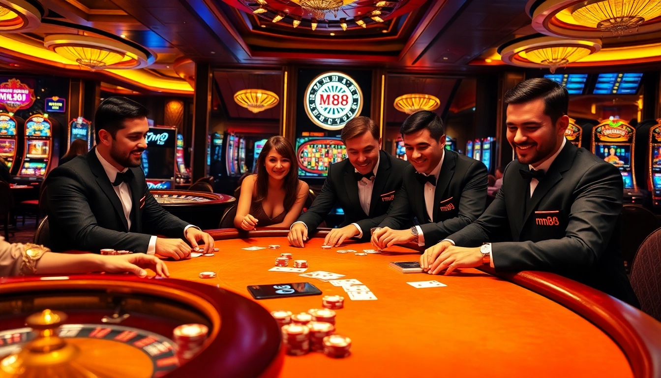 mm88 casino scene with gamblers at a poker table enjoying a high-stakes game.