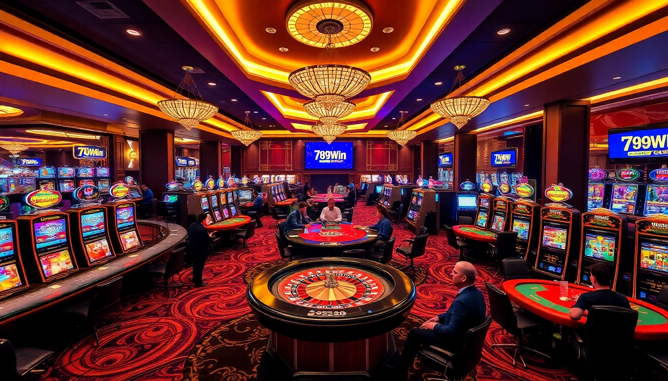 Engaging scene of players at 789Win showcasing a vibrant casino atmosphere with roulette and poker tables.