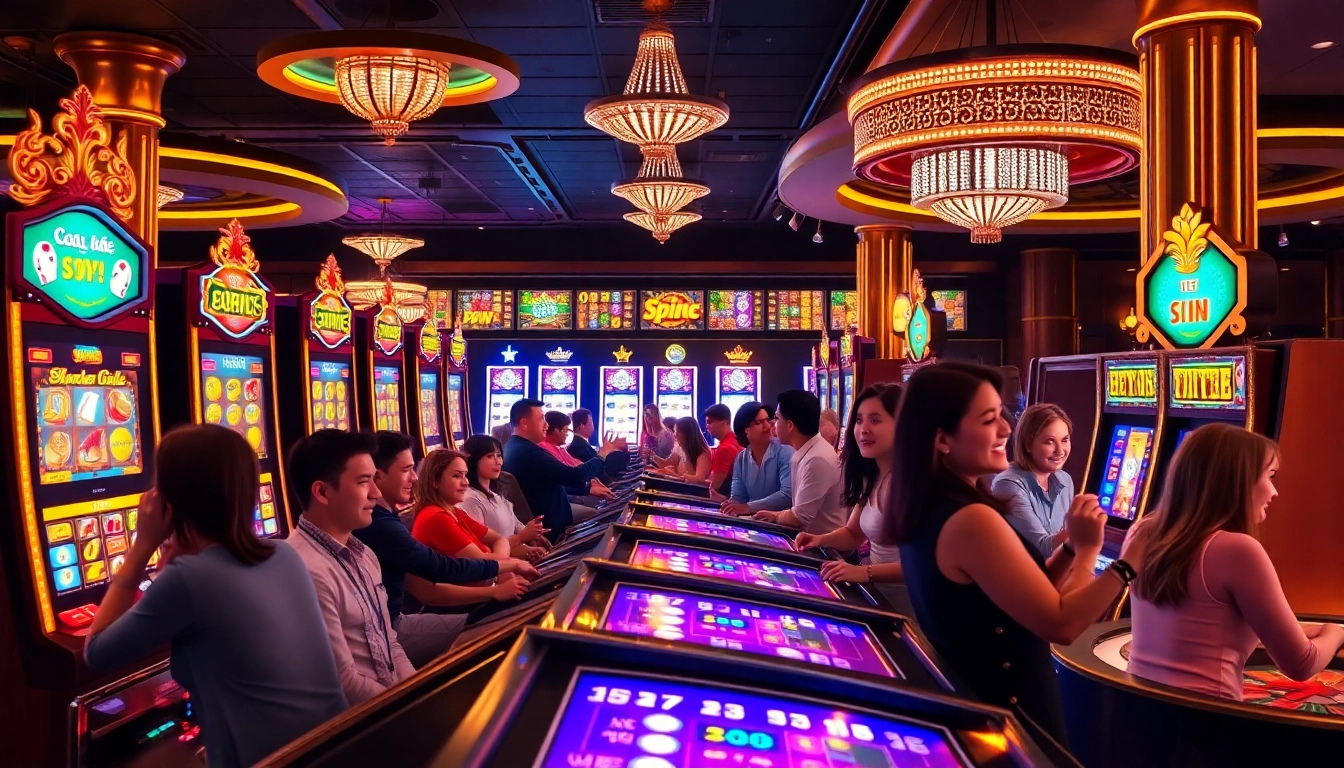 Experience luxury gambling excitement at https://nekatwin.com/ with players enjoying vibrant slot machines.