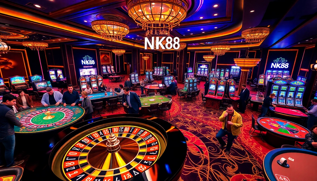 NK88 players enjoying high-stakes poker games at a luxurious, vibrant casino.