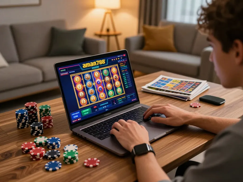 Bermain slot online aman788 di laptop dalam pengaturan rumah yang nyaman dengan aksesori permainan.
