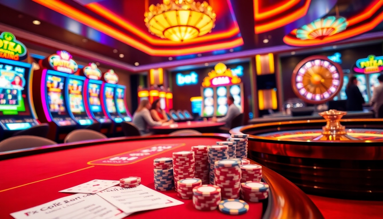 A dynamic shopping scene showcasing j88 poker players captivated by the action, set against flashing slot machines.