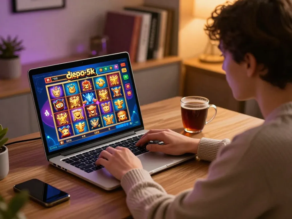 Engaging in slot depo 5k gaming on laptop, featuring colorful game interface and cozy home setting.