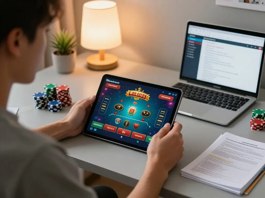 Engaging in online gaming on an nk88 tablet at home, showing strategies and excitement.