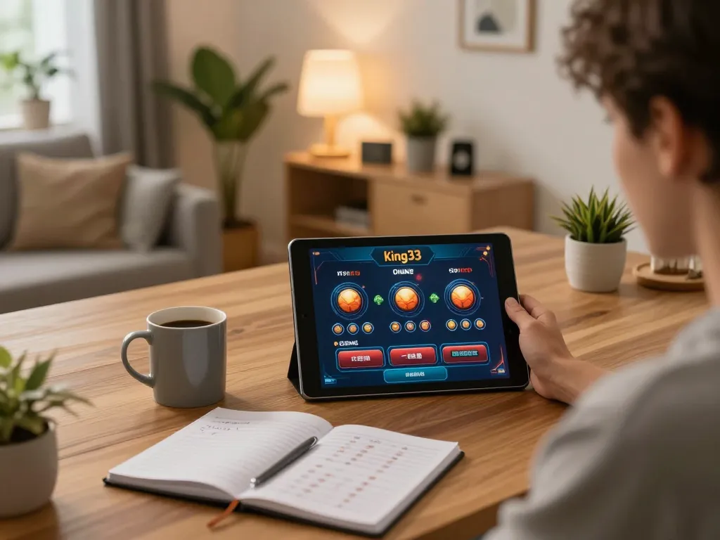 Person engaged in king33 online casino gaming from a cozy and stylish home setup.