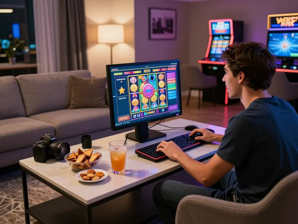 Engage in thrilling online gaming with okfun, experiencing vibrant slot machines from a cozy home setup.