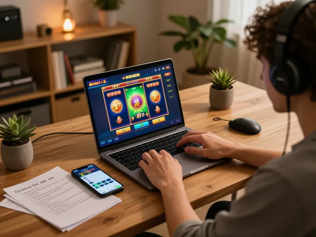 Engaging gameplay on a slot toto game in a cozy home setting, showcasing strategic betting and user interface.