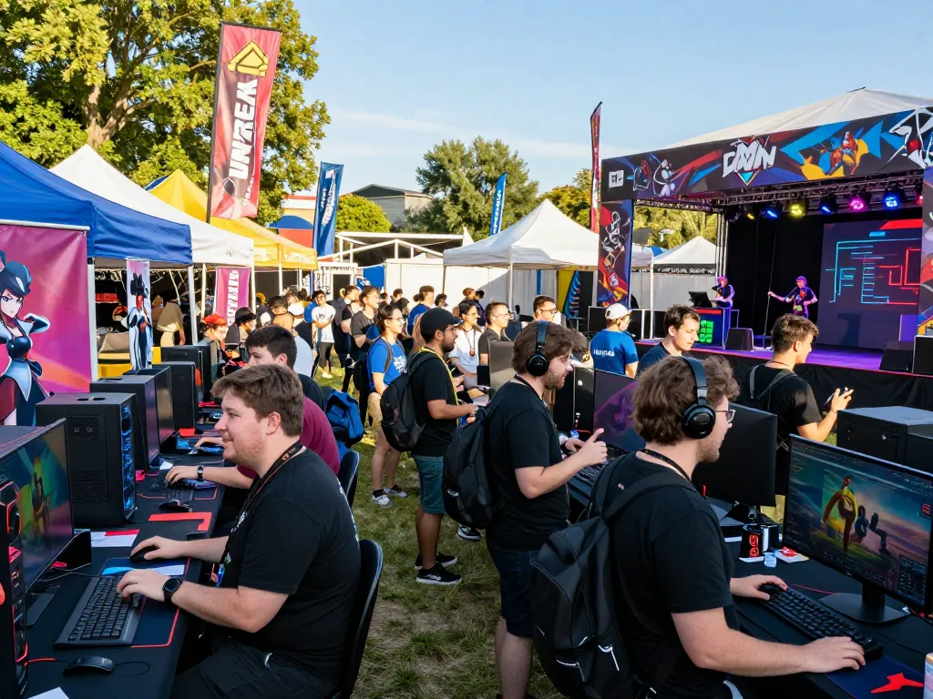Gamers at the vibrant Games Tours Festival engaging in activities, showcasing https://www.gamestoursfestival.com/programme/ for lively community interaction.