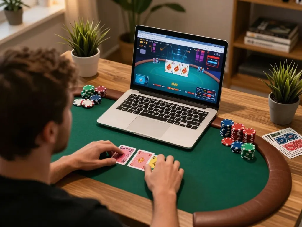 Player enjoying online poker at home, showcasing sc88 gaming experience in a cozy setting