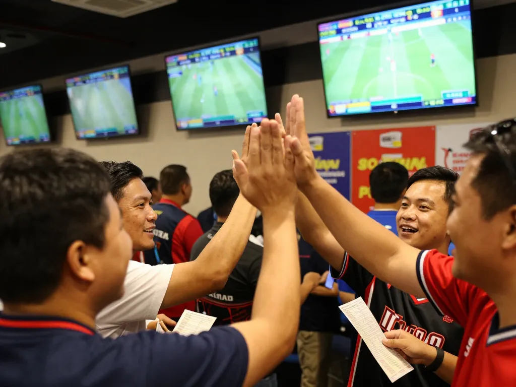 Engaging sports betting excitement with bettors analyzing soi keo nha cai odds and cheering