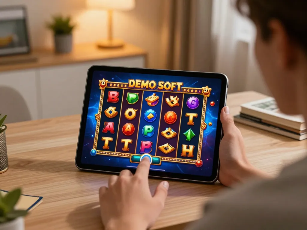 Berinteraksi dengan permainan Demo Slot PG Soft di tablet, menangkap kegembiraan permainan online dalam pengaturan rumah yang nyaman.