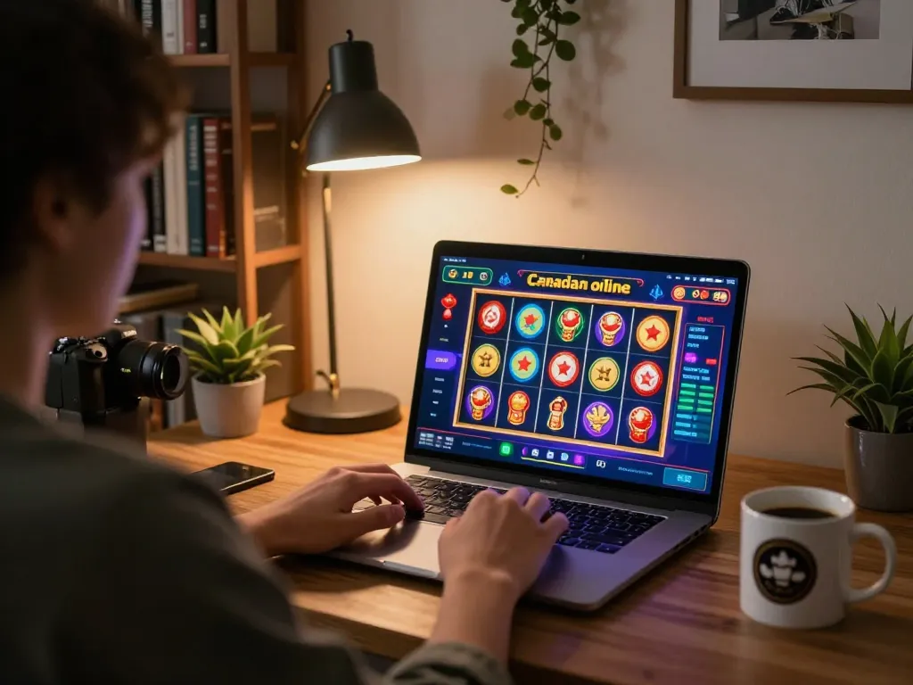 Engaging gameplay experience at Canadian online casinos via laptop in a cozy home office.