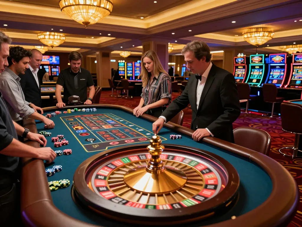 Terlibat dalam permainan roulette yang mendebarkan di https://www.gamestoursfestival.com/programme/, suasana kasino yang cerah, dan pemain yang menyaksikan.