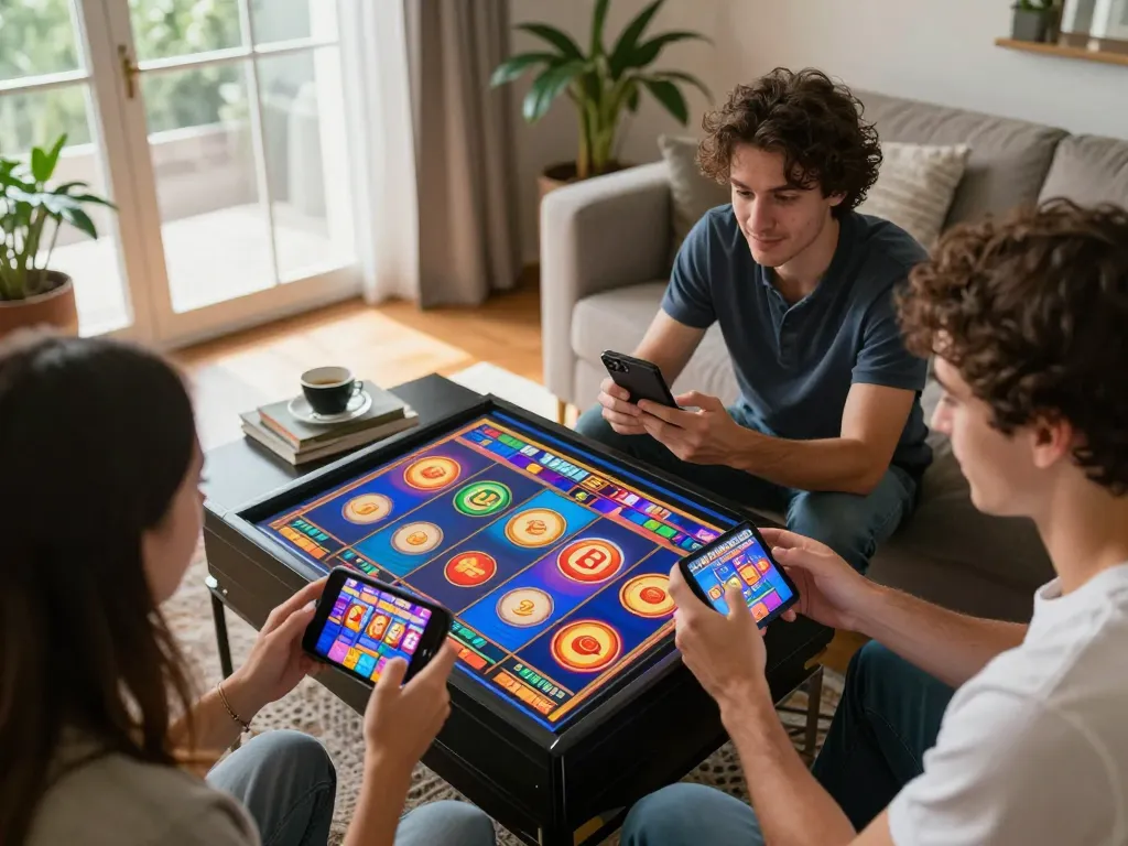 Pemain terlibat dengan permainan slot mobile di ruang tamu yang nyaman, menampilkan momen permainan yang mengasyikkan