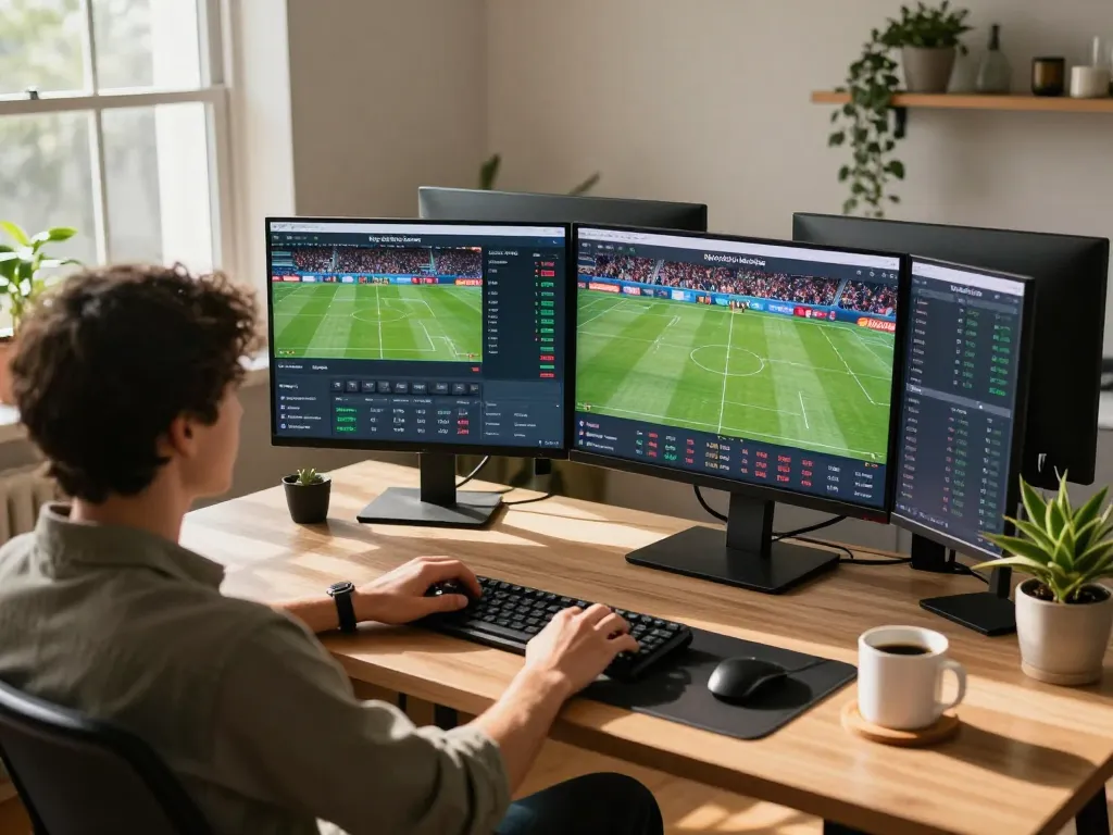 Engaging in kèo bóng đá hôm nay from home office setup, focused on live sports betting