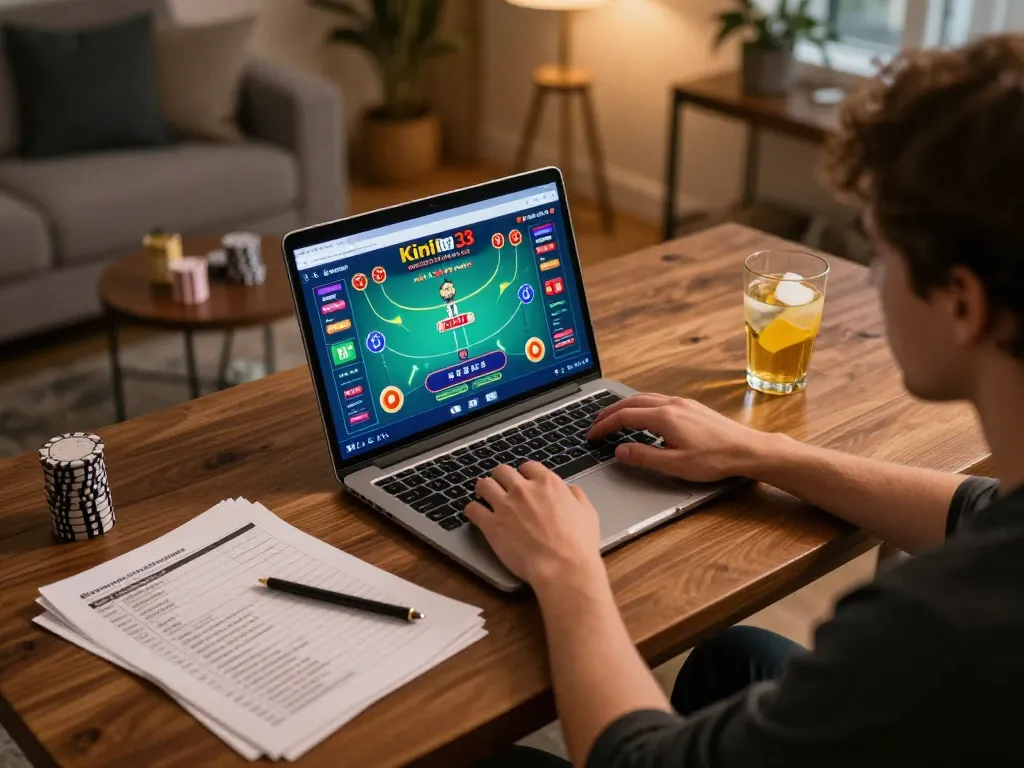 Engaged player at king33 poker game on laptop, showcasing strategic gameplay and home environment.