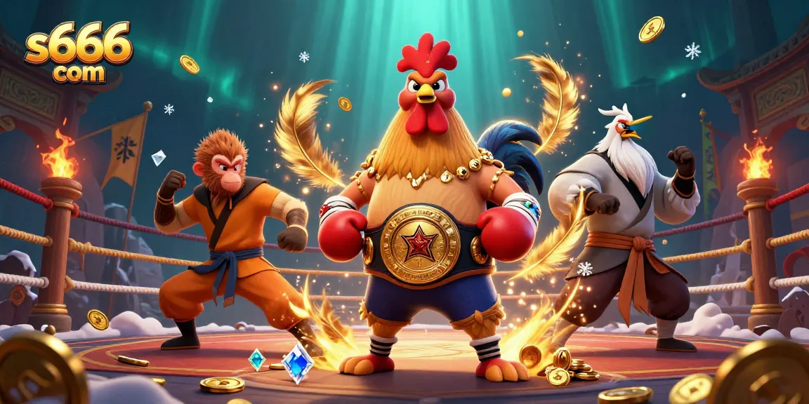 Engage with thrilling gameplay at s666 com with a vibrant scene of a Muay Thai rooster, Shaolin monkey, and wise crane.
