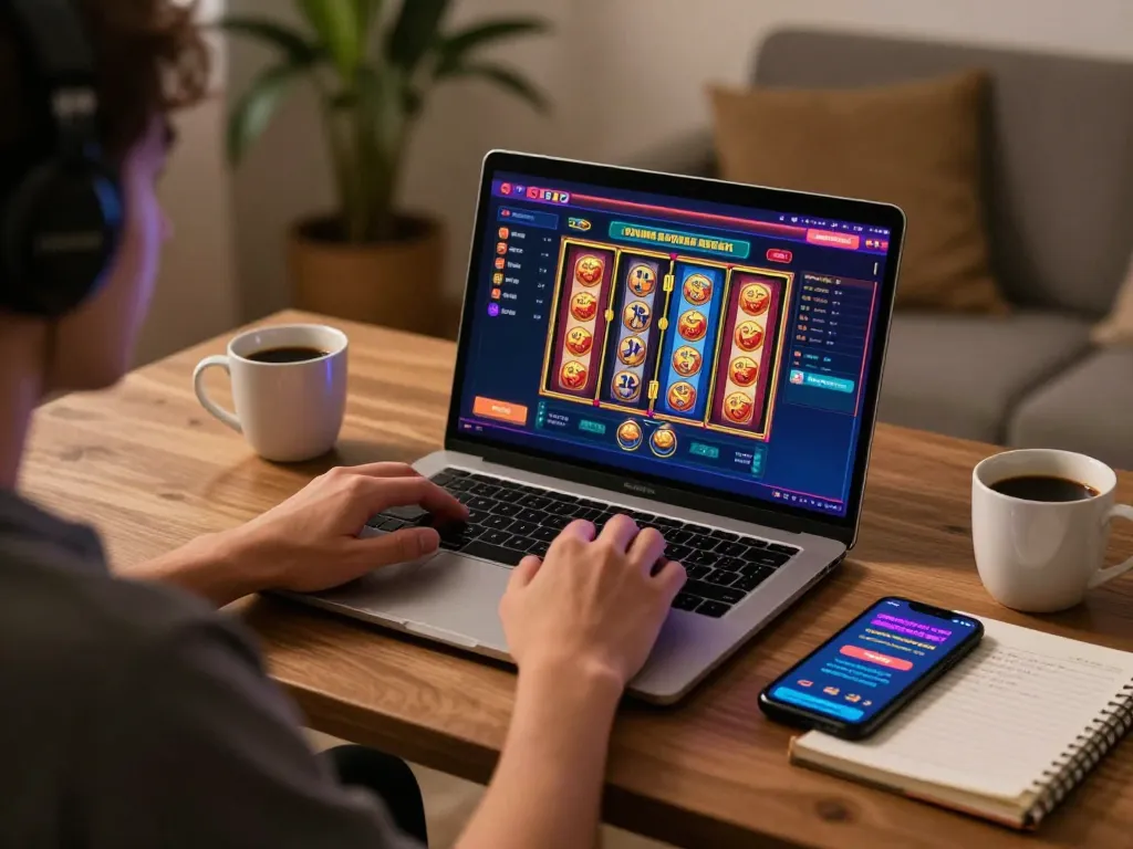 Player enjoying online casino slots on laptop while using tr88vina for betting strategies.