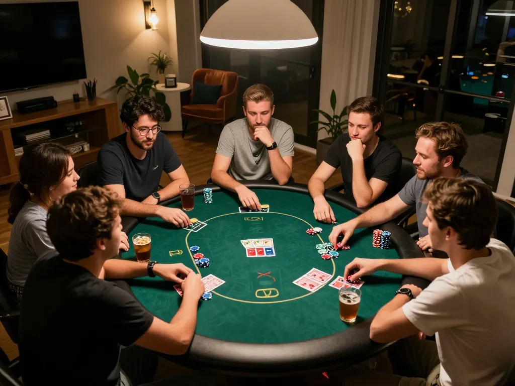 Friends enjoying a poker night around a table, showcasing an engaging game at qh88eu