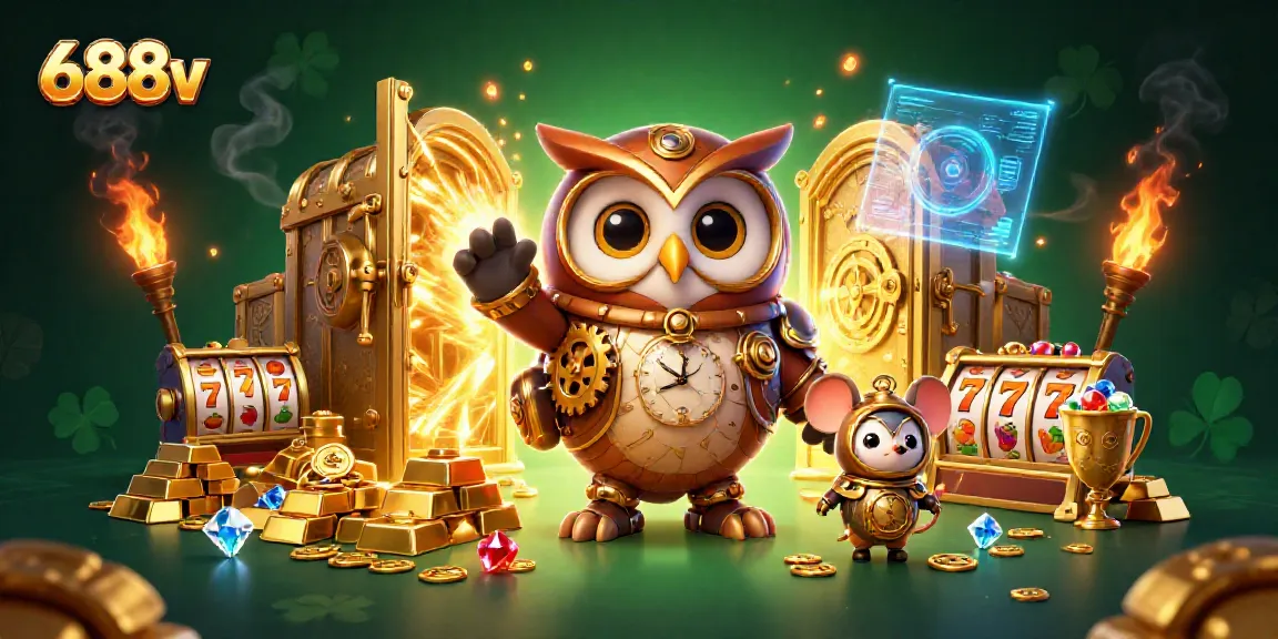 Engage with the thrilling world of 688v, featuring a time-traveling owl in a vibrant casino scene of treasures.