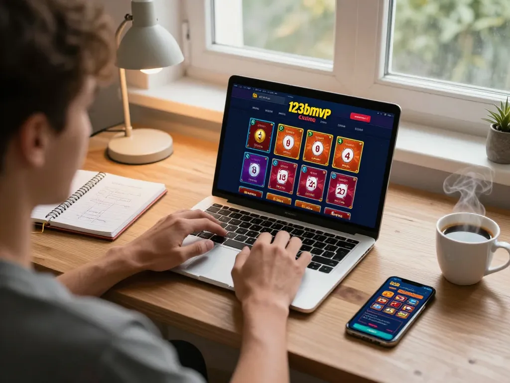 Player engaging in online casino gameplay on 123bmvp interface, notebook and smartphone nearby enhancing the gaming experience.