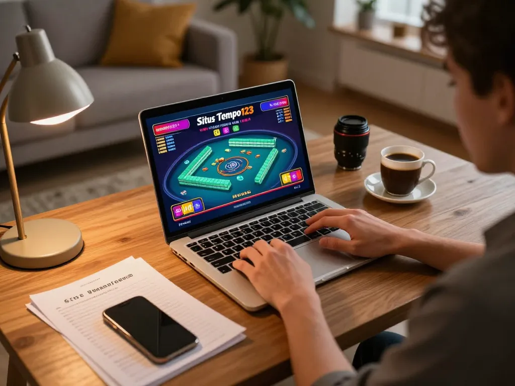 Situs Tempo123 gaming on laptop with live dealer Mahjong table interface and strategic notes