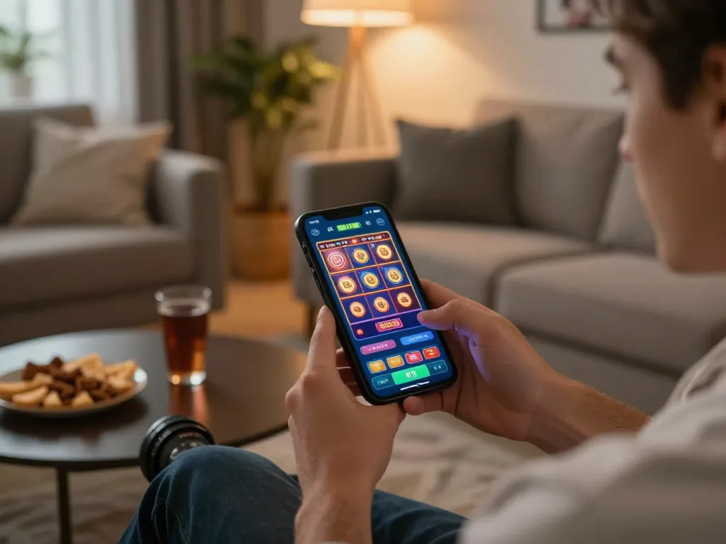 Player exploring the snk88 mobile casino app on a smartphone at home with exciting betting visuals.
