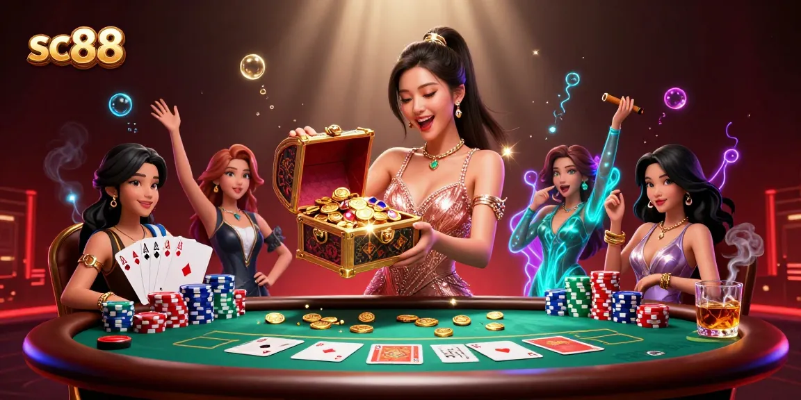 Experience the thrill of sc88 with a captivating treasure chest at a vibrant poker scene.