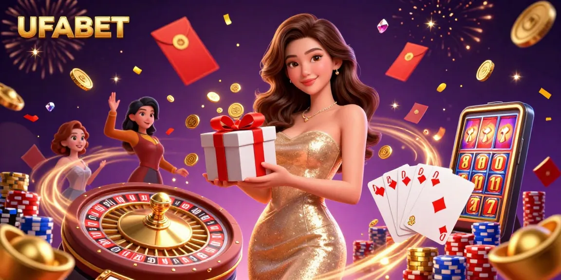 Spin the wheel of fortune at UFABET, featuring a glamorous Asian woman with themed casino elements.