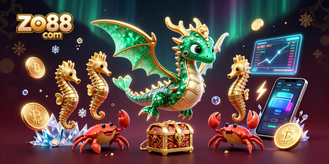 Bet on excitement with zo88 com, featuring a vibrant 3D scene of a sea dragon and crypto coins.