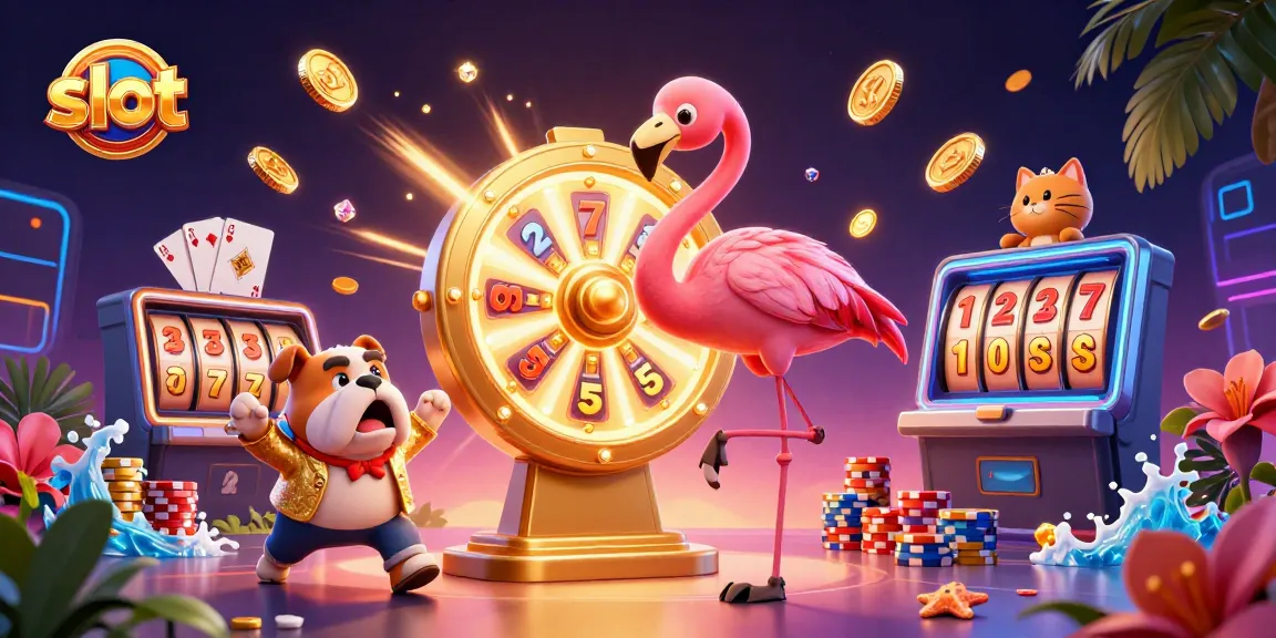 Spin the slot reels with excitement in this vibrant casino illustration featuring a game show host.