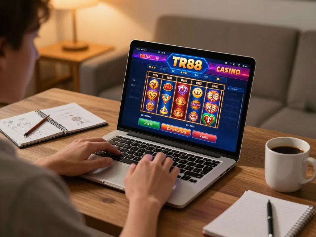 Player strategizing for Tr88 win casino games on a laptop at home.