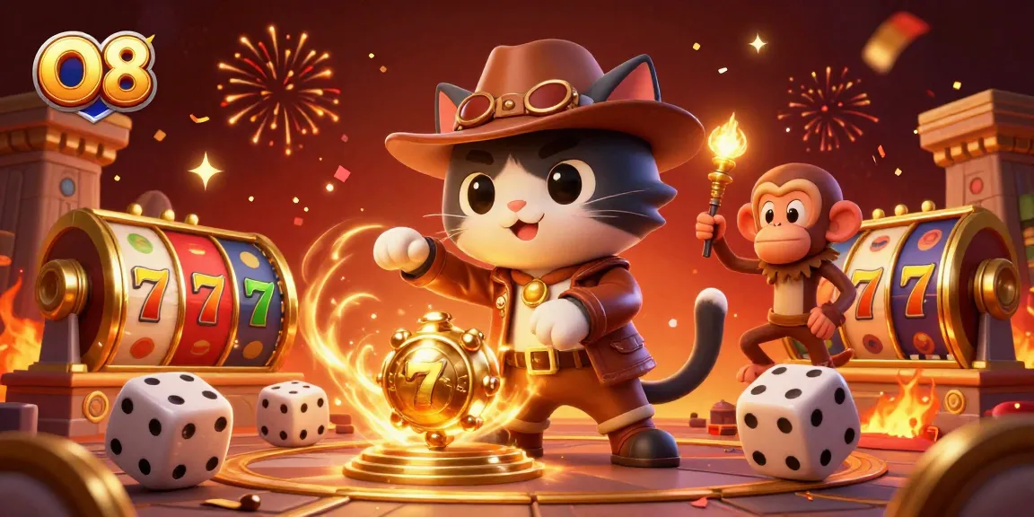 Engage in O8’s thrilling slots adventure with the explorer cat discovering treasures!
