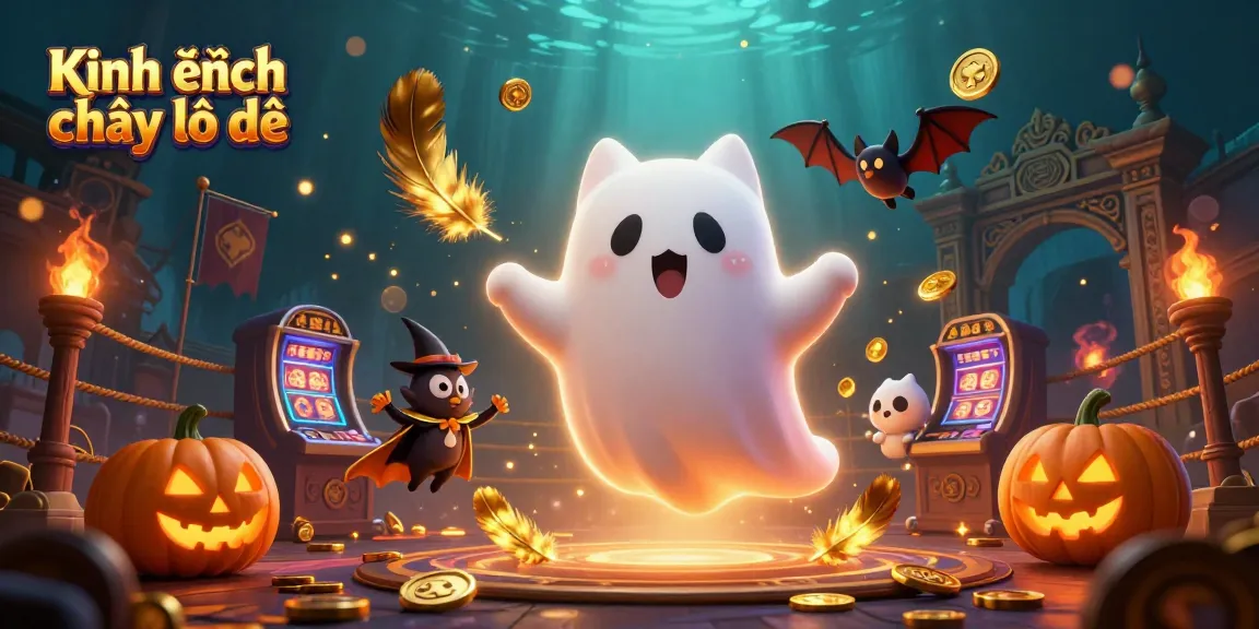 Kinh nghiệm chơi lô đề illustrated with a friendly ghost cat, bat companion, and glowing poker jack-o-lanterns in a haunted casino